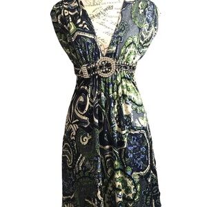 3 x $50 Sky Brand v-neck paisley jersey rhinestone belt mini dress XS
